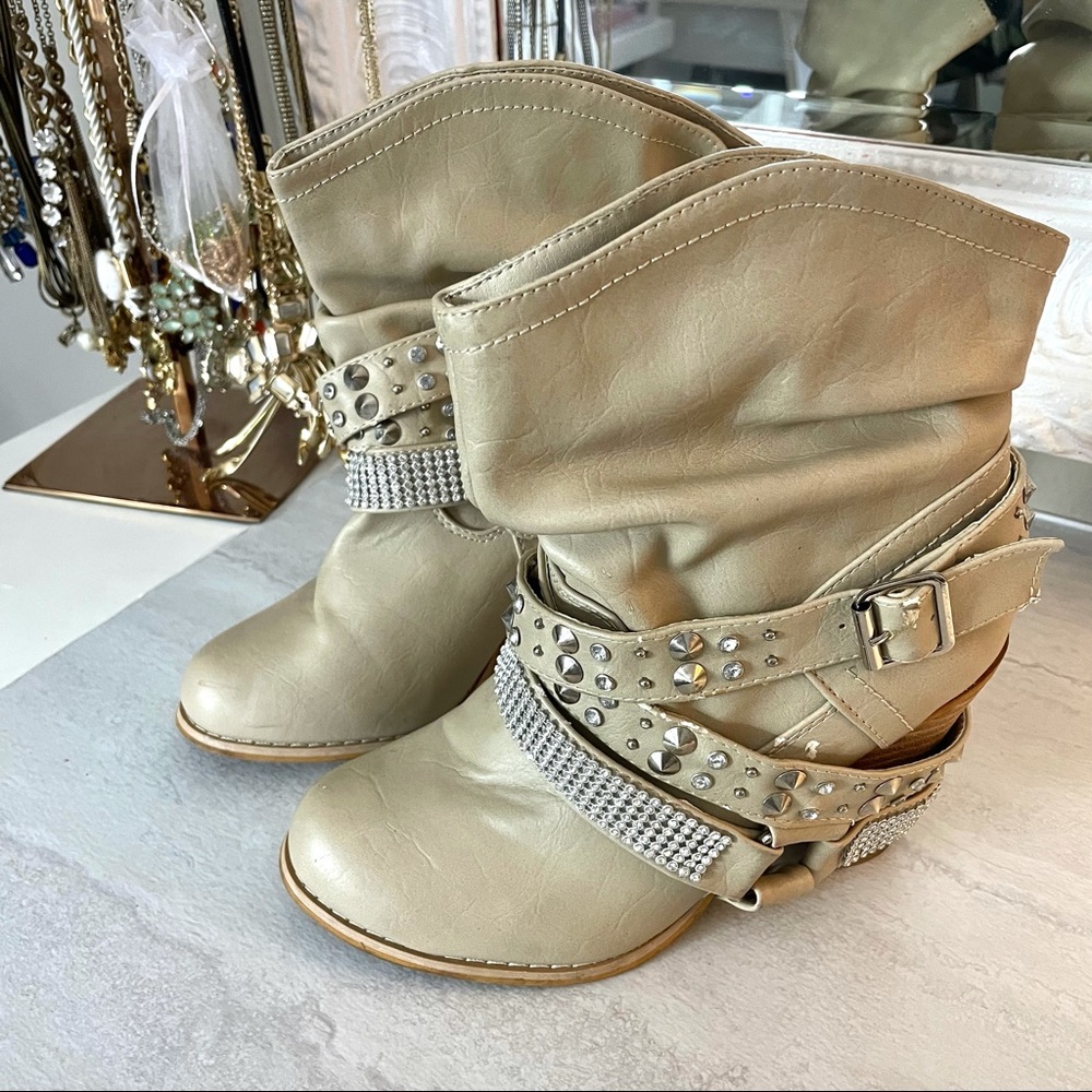 Shoe Dept. cream faux leather bling strap boots